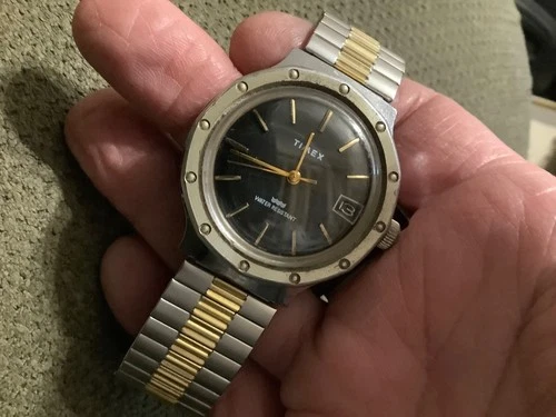 Vtg Timex Marlin Royal Oak Watch Men Silver Gold Date Stretch Band Manual Wind