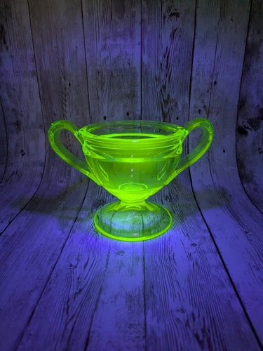 Vintage Vaseline Glass Open Sugar Bowl Depression Glass Black Light Reactive