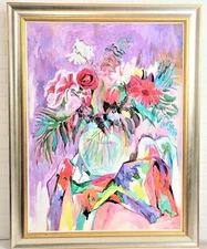 Impressionist Still Life Framed Oil Painting  Abstract Floral Signed 47" x 37"