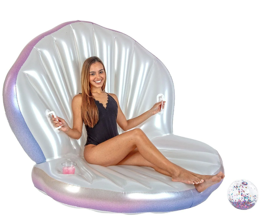 Giant Oyster Shell Pool Float With Glitter Pearl Beach Ball - Holds Up To 400 Lbs