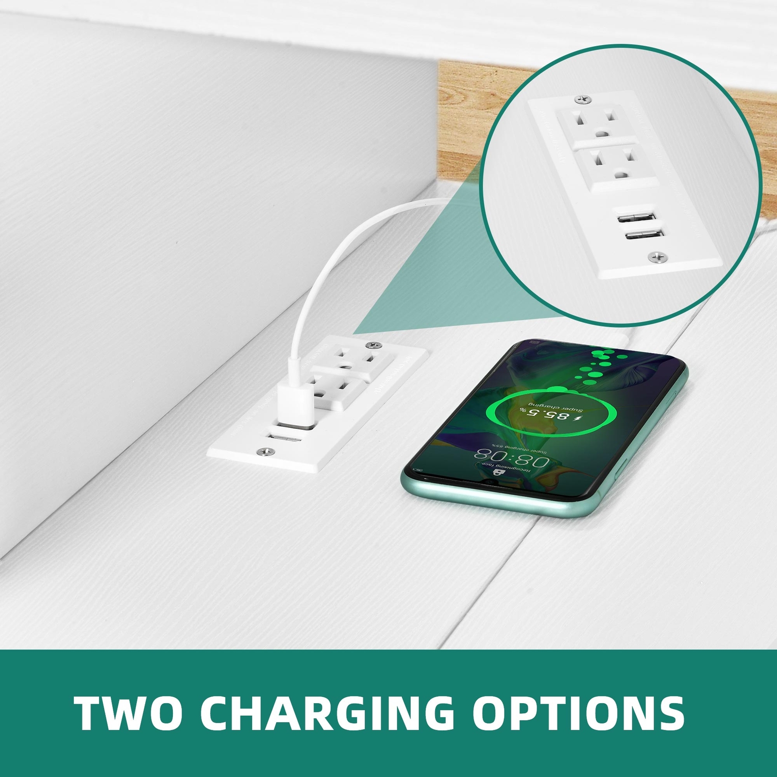 Modern LED Coffee Table with Power Outlets White 2 Drawers Living Room