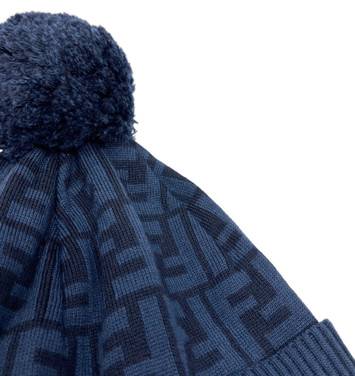 FENDI Vintage Zucca Monogram Logo Beanie Hat Knit Dark Blue Black
