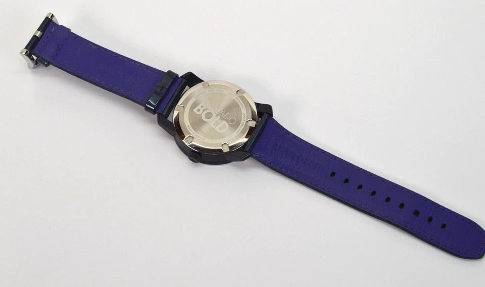 MOVADO BOLD 紫色水彩表盘蓝色皮革女士腕表 — 第 4/4 张图片