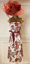 Coast UK 12/14 Red & Cream Floral Print Cotton Mix Fit & Flare Midi Dress
