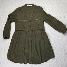 Zara Women’s Olive Green Long Sleeve Button Front Shirt Pockets Dress Size Small