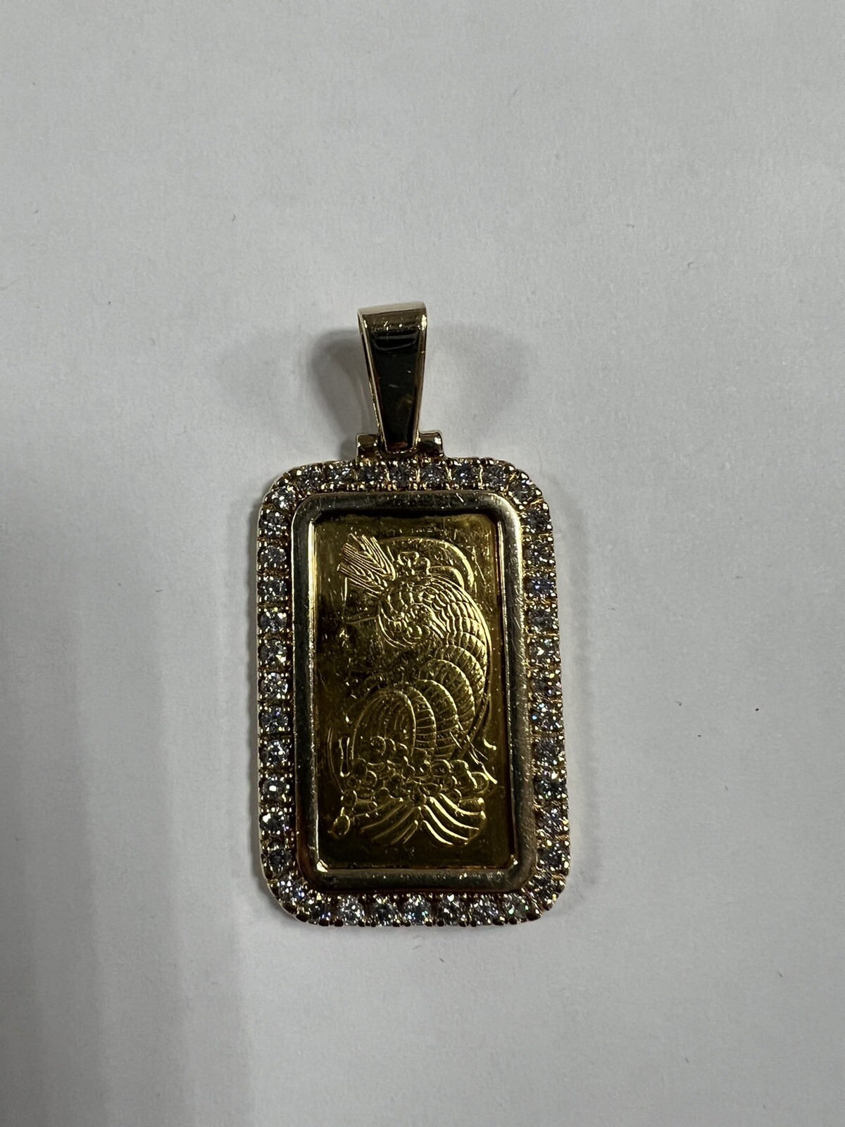 24K Yellow Gold Lady Fortuna 20 grams Bar Diamond Frame Pendant