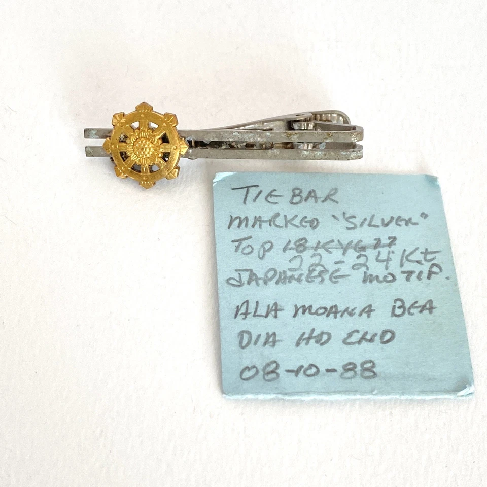 Vintage Japanese Tie Clip 22+K Yellow Gold Overlay on SILVER Found Honolulu 1988 - Image 3 of 4