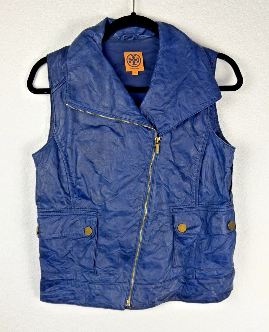 Tory Burch Giubbotto Pelle Blu Giacca Cappotto Motociclista Asimmetrico S6 *LEGGI*