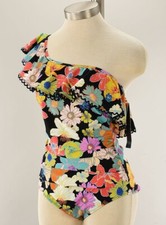 PROFILE by GOTTEX Black FLORAL Ruffle Asymmetrical One Shoulder Swimsuit 12 NWT