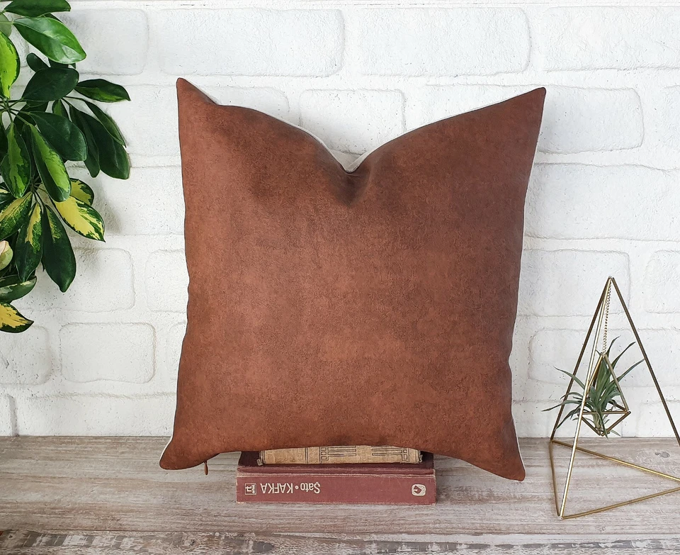 Cognac brown cork look faux leather color and back side linen pillow cover-1QTY - Image 2 of 4