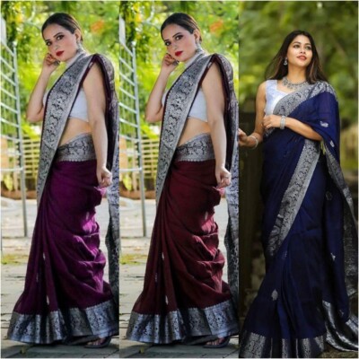 Women Sari Bollywood Designer Silk Saree Blouse South Indian