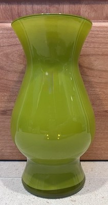 Light Green Glass Flower Vase Hourglass Decor 8.5  Tall Vintage