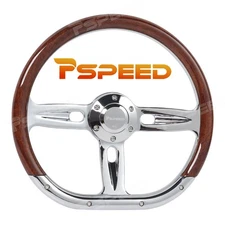 D-Shape 14" Polished Real Wood Steering Wheel Chrome Spoke 6-Bolt For Car Truck