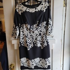 Adrianna Papell Women's Black White Floral 3/4 Sleeve Stretch Sheath Dress Sz 6