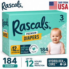 Rascals Premium Absorbent Baby Diapers Size 3, 184 Count NEW