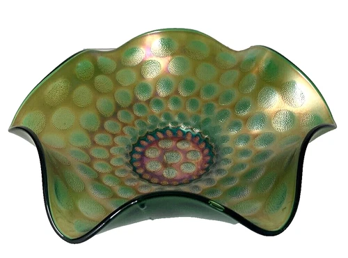 Vintage FENTON GREEN COIN DOT CARNIVAL GLASS STIPPLE RUFFLED Iridized BOWL 9.5"