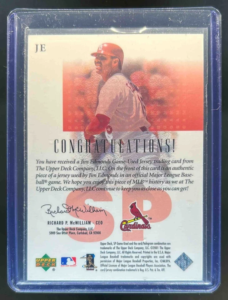 2001 SP Game Used Edition Jim Edmonds Authentic Fabric #JE Cardinals - Image 2 of 2