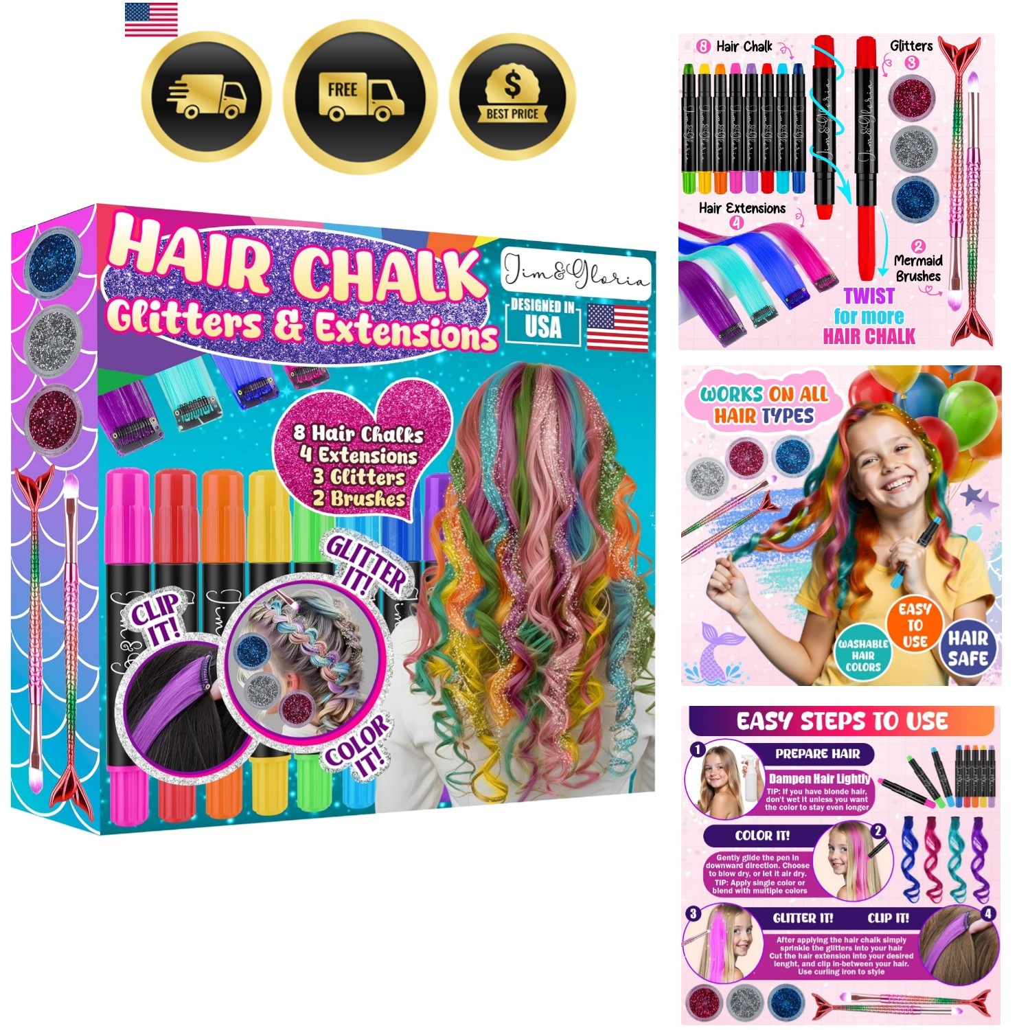 Hair Chalk Set Kids Washable Colored Hair Extensions Glitter
