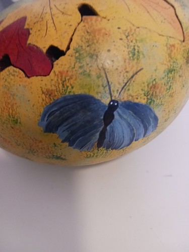 Vintage 02' Fall Carved Gourd Signed Handpainted Thanksgiving Leaves Butterfly - Picture 8 of 11