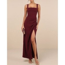NWT Lulus Glamorous Disposition Burgundy Ruched Maxi Dress XS Formal Gown