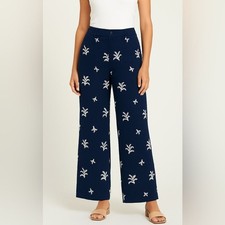 Elie Tahari Navy Embroidered Wide Leg Pants  Linen Blend White Palm Print Size 8
