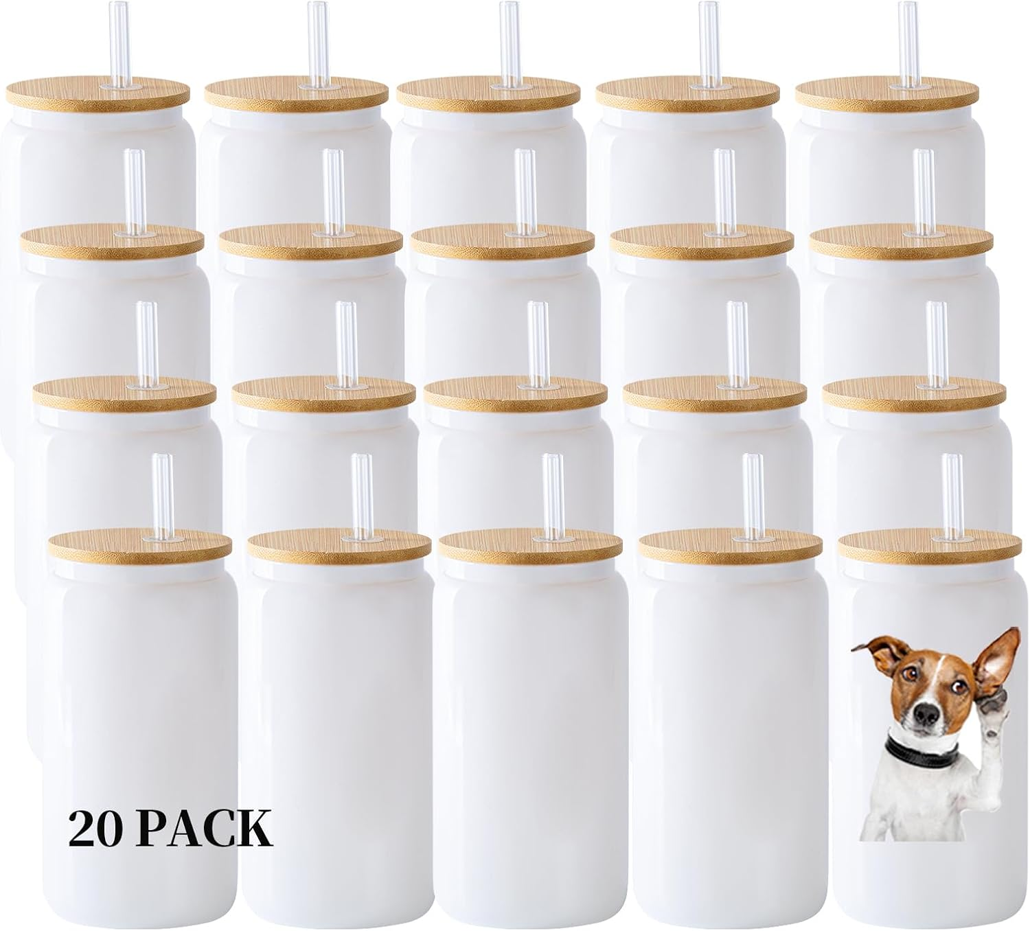 20 Pack White Glass Cans for Sublimation with Bamboo Lids - Beer & Drink Cups