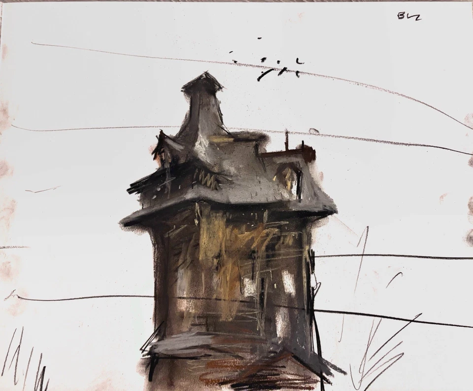 Gothic House Architecture American 14x17 Pastel Chalk Drawing Original Signed - Image 2 of 2