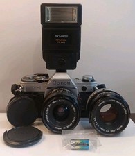 Canon AE-1 SLR 35mm Film Camera 2 LENS FD 28mm/50mm Promaster  Batteries TESTED