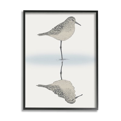 Soothing Sandpiper Bird Standing Ocean Shoreline Reflection Framed Wall Art, ...