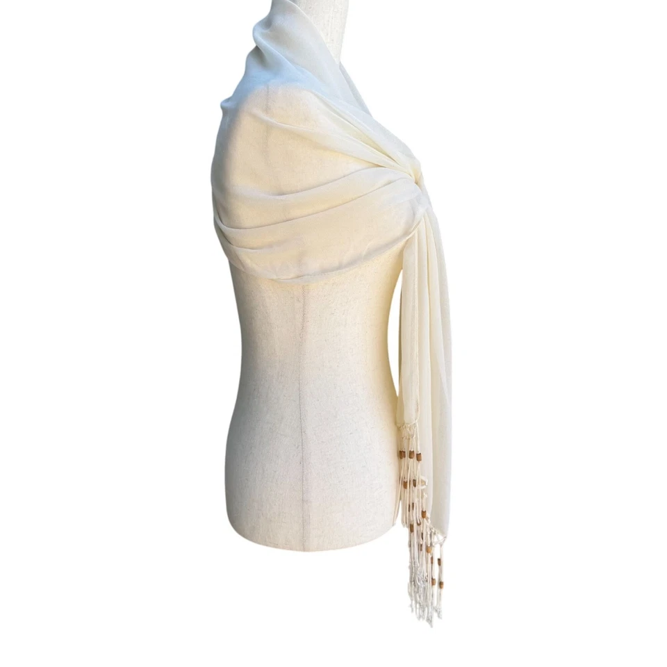 Elegant Cream Semi Sheer Rectangle Beaded Fringe Boho Festival Shawl Wrap Scarf - Image 3 of 4