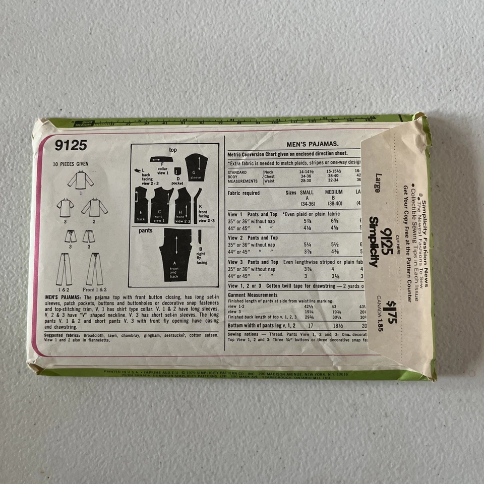 Vintage Simplicity 9125 - Sewing Pattern Men's Pajamas - Size Large - UNCUT - Image 2 of 4