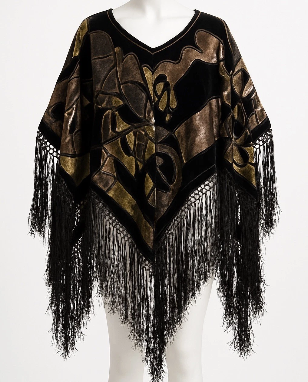 Velvet Burnout Poncho With Fringe Hem & Bold Abstract Multicolor Design Silk OS