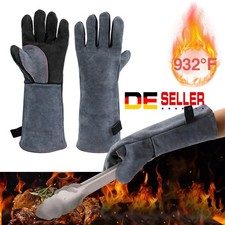 XL Kaminhandschuh Grillhandschuh aus Leder Feuerfest Grau 40 cm x 14 cm