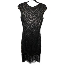 Babeyond Prom Homecoming Party Glam Sequin Beaded Fringe Cap Sleeves Midi Dress