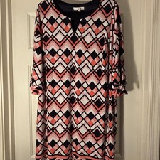 Sandra Darren Women's Multi-Color Geometric Pattern Dress, Size 2X, Blue Accents