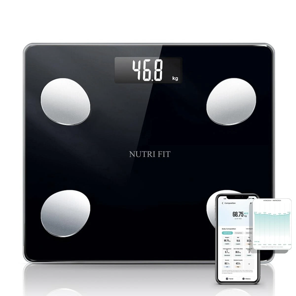 NUTRI FIT Scale for Body Weight Digital 11x9.65x1.05 inches, Inky Black