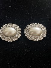 Musi Shoe Clips Oval Gray Faux Pearl Clear 2 Rows Of Rhinestones 1  x1.25  