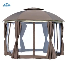 Spacious 144" Round Outdoor Gazebo with Double Roof, Privacy Curtains & Netting