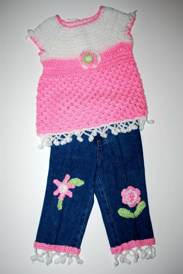 Boutique CBD Dulce Rosa Blanco Crochet Flor Top Decorado Jeans 2 piezas Juego 3T 4T