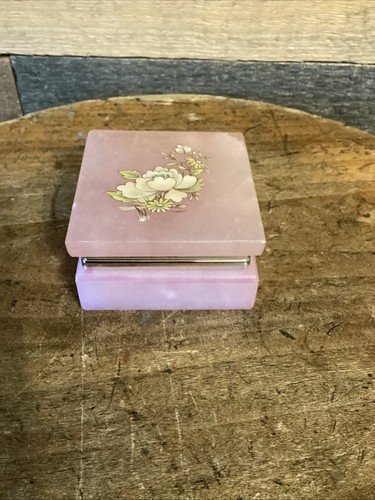 Vintage Echt Alabaster Schmuckkästchen - rosa Blumen - Made in Italy