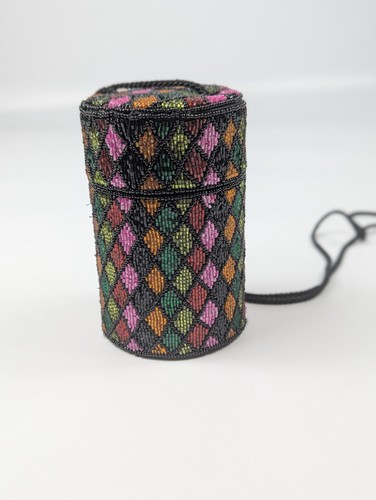 Bob Mackie Harlequin Glass Beaded Cylindrical Box Purse Evening Bag Vintage - Picture 2 of 13