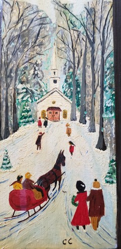 Tríptico vintage pintado a mano, escenas de nieve de invierno, 1981 granja iglesia trineo y caballo - Imagen 5 de 8