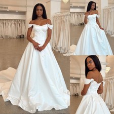 Off The Shoulder Wedding Dresses Elegant Satin Sweep Train A Line Bridal Gowns