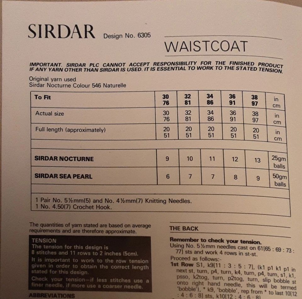 Original Vintage Sirdar Mohair Ladies Waistcoat 30"-38" Knitting Pattern 6305 - Image 3 of 3