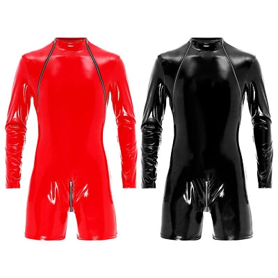 Herren Wetlook Bodysuit Overall Einteiler Leder-Optik Zip Unterhemd Catsuits - Bild 1 von 4