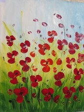 Grande Peinture À L'Huile Sur Toile De Fleurs De Coquelicot Rouge Art Original