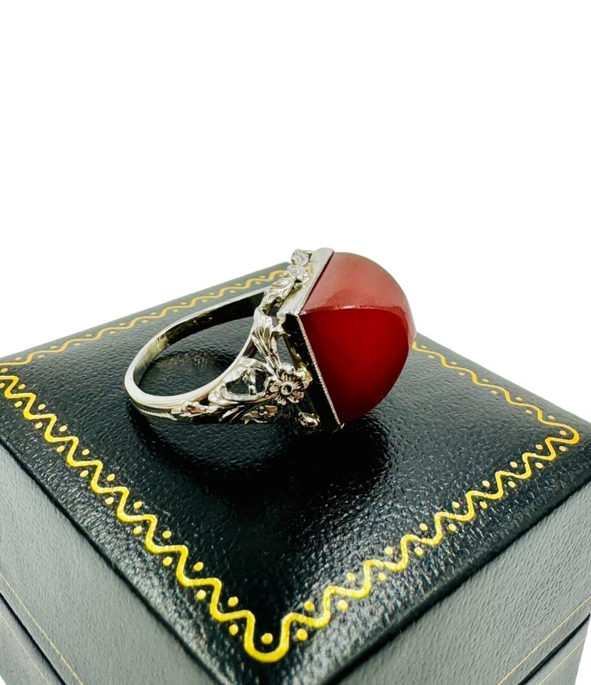 Art Deco 14K White Gold Carnelian Sugar Loaf Stone l Ring - Image 3 of 4