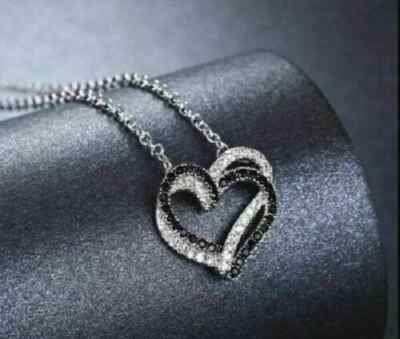 1.20Ct Round Cut Black &White Diamond Heart pendant 14K White Gold FN Free Chain