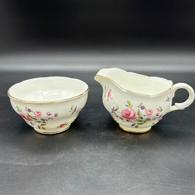 Vtg Adderley Fragrance Cream & Sugar Bone China Pink Rose Purple Flower