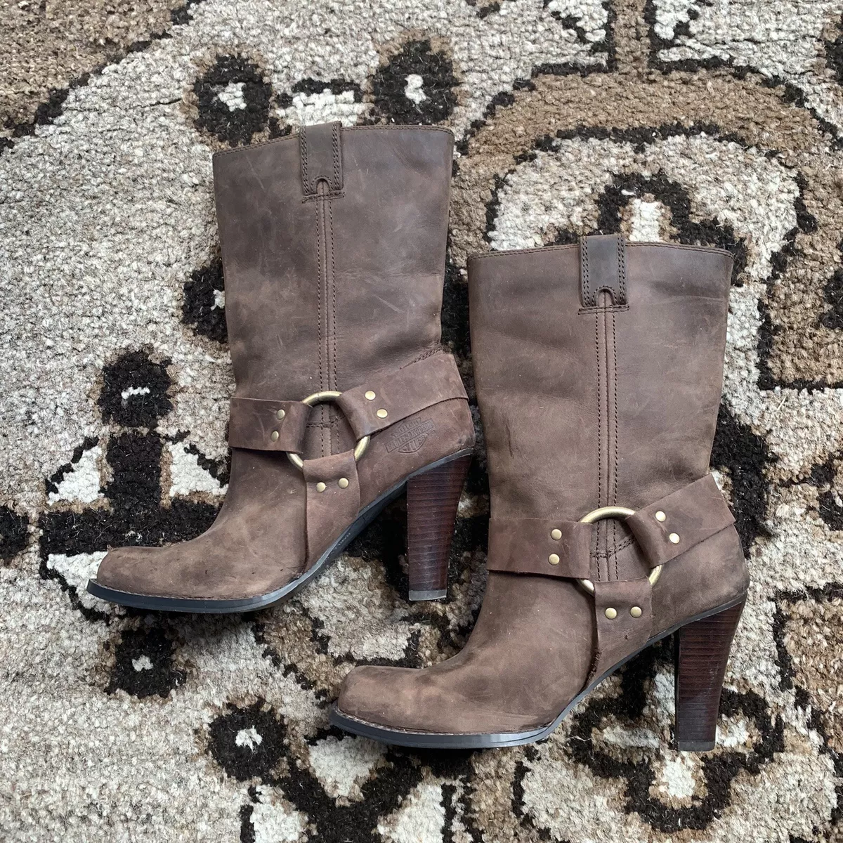 Harley Davidson Motorcycle Brown Leather Harness Heel Boots Women Square Toe 8